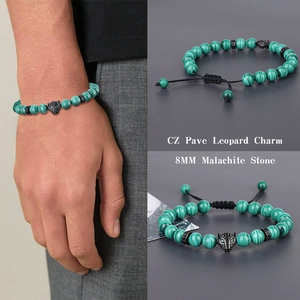 Mens 8mm malachite stone beaded bracelet with pave black zircon leopard head charm