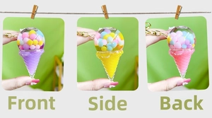 Detailed views of acrylic ice cream keychain featuring colorful floating liquid beads