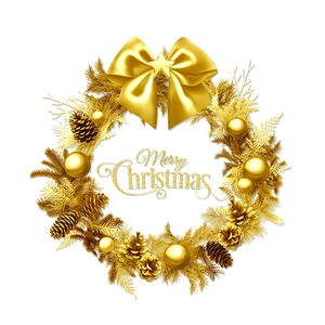 Gold Christmas wreath sticker with a large silk bow and pine cones on a white background
