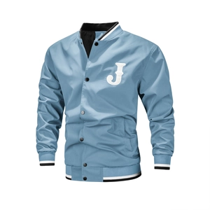 Heren Varsity Jas Wol Konijnenhaar Mix Borduurwerk Letter J Baseballkraag Drukknopen Gestreepte Rib Casual Sportief Top