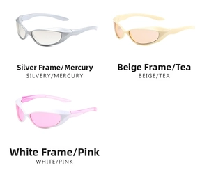 Three pairs of Y2K wraparound sports sunglasses in silver, beige, and white frames