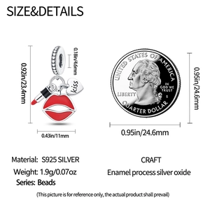 Detailed size specifications of the S925 silver lipstick and kiss heart bead charm