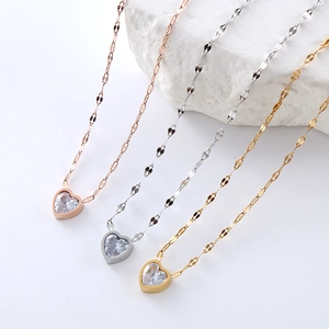 Elegant stainless steel heart necklaces with zircon stone in gold, silver, and rose gold