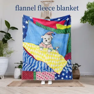 Cozy flannel blanket with colorful cartoon puppy and moon prints for sofa or office nap