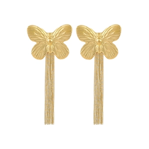 Golden butterfly stud earrings with long metal chain tassels on a clean white background