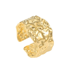 Adjustable golden stainless steel open ring featuring a unique hammered irregular texture