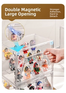 Detail of dual magnetic suction doors on a transparent acrylic action figure display case