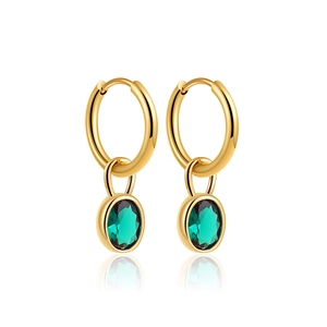 18K gold plated stainless steel hoop earrings with emerald green oval gemstone pendants