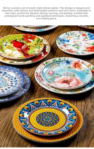 Detailed close-up of exotic ceramic plates featuring vibrant hand-painted floral mandalas
