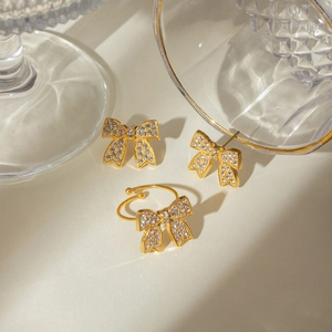 18k gold plated stainless steel bow earrings and ring set with sparkling rhinestones