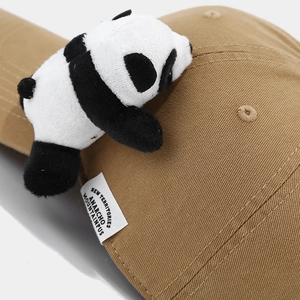 Khaki cotton baseball cap with cute plush panda doll and brand woven label detail