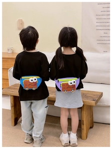 Rear view of children wearing blue and purple cartoon bus waist bags with big eyes