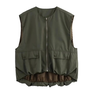 Detailed view of army green zip-up vest featuring cargo flap pockets and brown lining