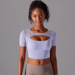 Lavender mesh patchwork yoga top with hollow out design and short sleeves for fitness
