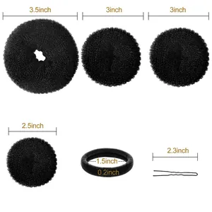 Detailed size chart for hair styling kit including bun makers, hair ties and clips