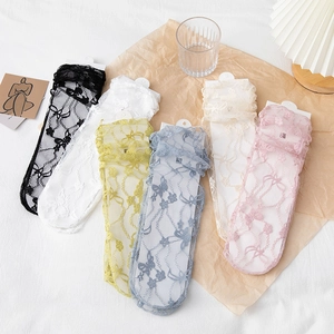 Lace floral crew socks in six colors for women with vintage transparent mesh design