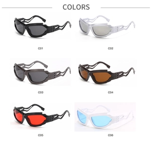 Detail view showing six color variants of futuristic hollowed-out frame sunglasses