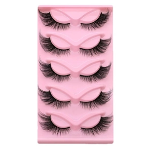 Dramatic cat-eye false eyelashes in black with dense cross style, 5 pairs in pink tray