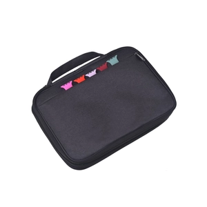 Detail of black fabric watch strap organizer bag with zipper and multi-color interior slots