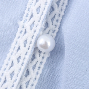 French style light blue lantern sleeve blouse with delicate lace trim and pearl button