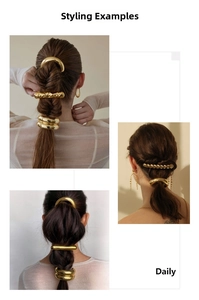 Close-up of golden U-shaped hair ties featuring smooth, hammered, and twisted textures