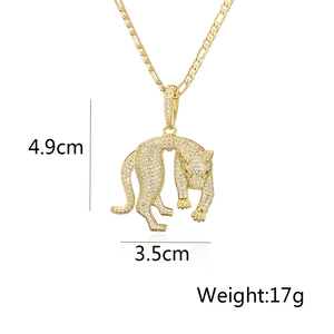 Detail view of gold-plated leopard pendant with dimensions 4.9cm by 3.5cm and 17g weight