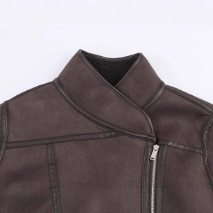Brown suede shearling jacket with faux fur lining and silver metal zipper detail