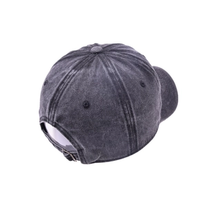 Detail of vintage washed baseball cap back with metal adjustable buckle and denim texture