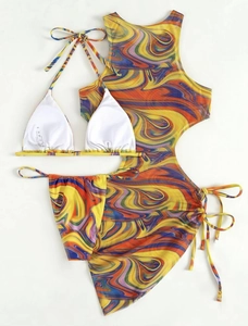 Detailed flat lay of three-piece marble print bikini set with matching mesh cover-up top