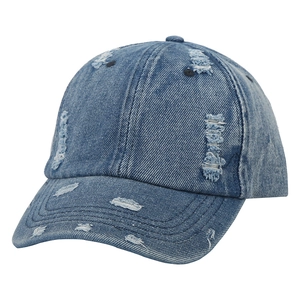 Distressed blue denim baseball cap with vintage frayed holes and retro washed finish
