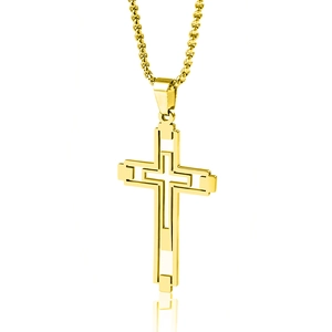 Mens gold double-layered hollow cross necklace in hip-hop style stainless steel