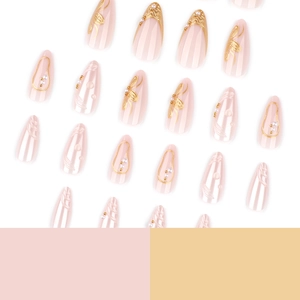 French gold almond press-on nails with 3D pearls and golden butterfly patterns