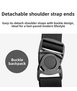 Close-up of durable black plastic quick-release buckle and nylon webbing for backpack