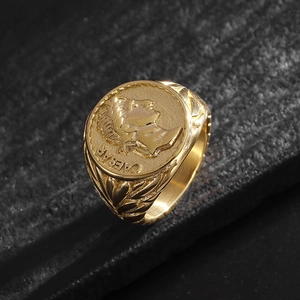 Gold Roman Empire Julius Caesar signet ring with laurel leaf relief in stainless steel