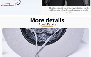Detail of 35cm reinforced windproof rope and breathable mesh lining on sun hat