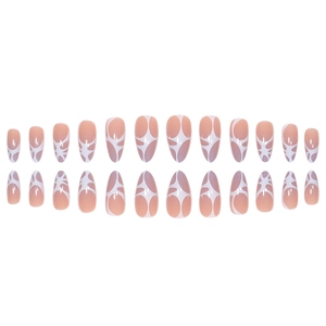 Almond-shaped press-on nails with lavender nude base and white abstract mesh pattern