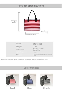 Detailed dimension guide for striped canvas tote bag showing size specs and color options