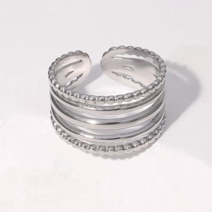 Macro shot of multilayer silver stainless steel open ring with bead edge design