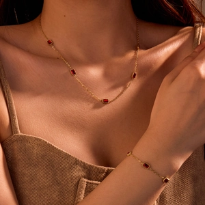 Stainless Steel Red Square Rhinestone Necklace And Bracelet Elegant Gold Plated Jewelry For Women Fashionable Accessory