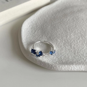 925 Sterling Silver Ring For Women Irregular Asymmetrical Open Adjustable Blue Cubic Zirconia Minimalist Light Luxury Style