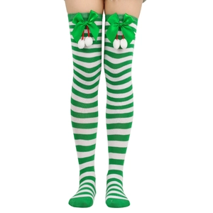 Detail of green and white striped over-knee socks with satin bows and plush pom-poms