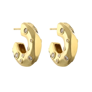 Detail of gold oval hoop earrings with sparkling cubic zirconia pavé stones
