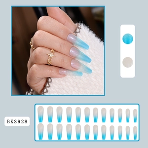 Detailed set of 24 long ballerina gradient blue glitter press-on nails model BKS928