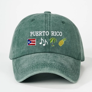 Vintage washed green cotton baseball cap with Puerto Rico embroidery and tropical icons