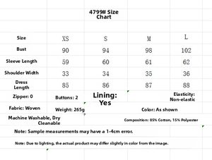 Size chart showing XS to L dimensions for the embroidered long sleeve casual dress