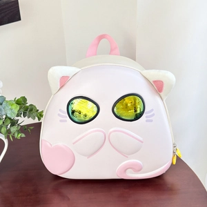 Detail view of pink and white 3D cat backpack with cool reflective yellow lenses