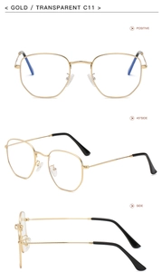Three-view display of gold irregular metal frame sunglasses with transparent lenses C11