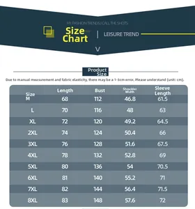 Detailed size chart for men's casual jacket showing measurements from M to 8XL