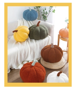 Close-up of soft teddy velvet pumpkin pillows in various colors for home decor