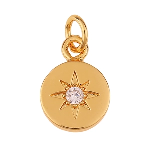 Colgante redondo bañado en oro minimalista con estrella de ocho puntas grabada y gema